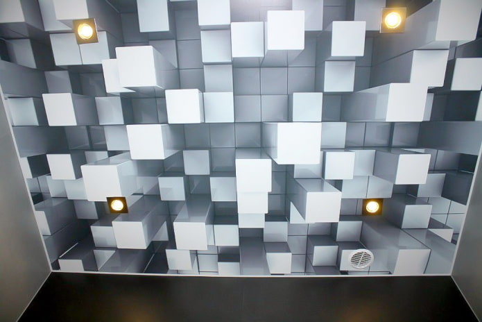 ceiling with the image of volumetric cubes ceiling with the image of volumetric cubes