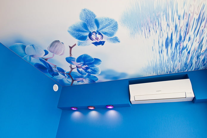 white and blue stretch ceiling structure