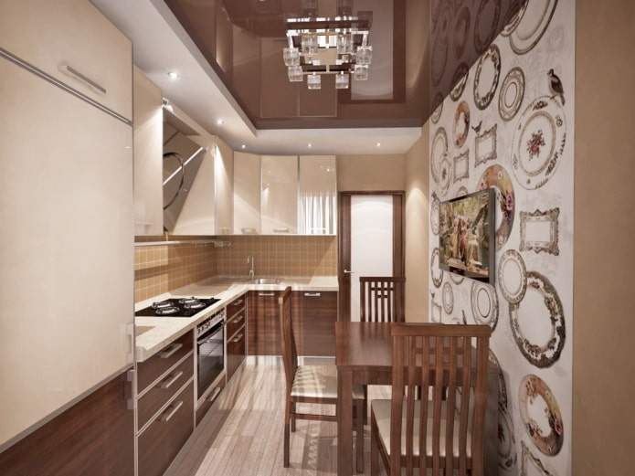 ceiling construction in brown color in the kitchen