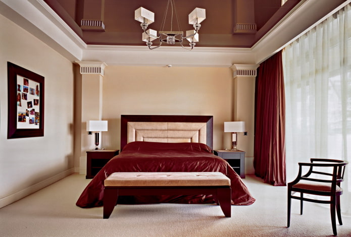 brown stretch fabric with burgundy curtains