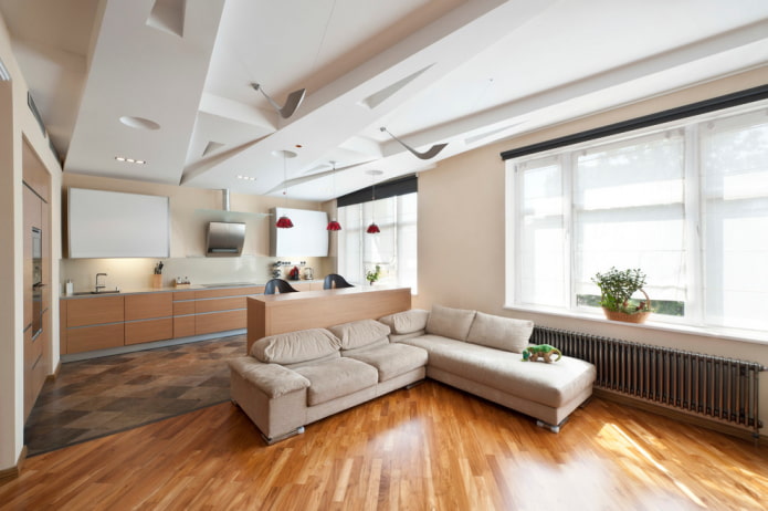 ceiling in the hall combined with the kitchen