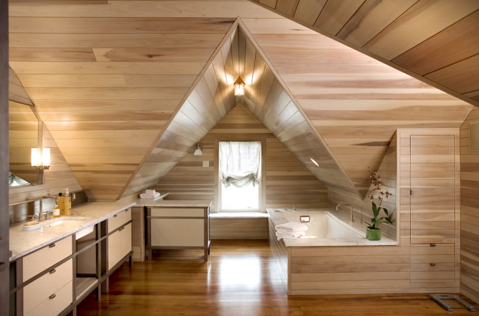 wooden ceiling in the interior of the bathroom