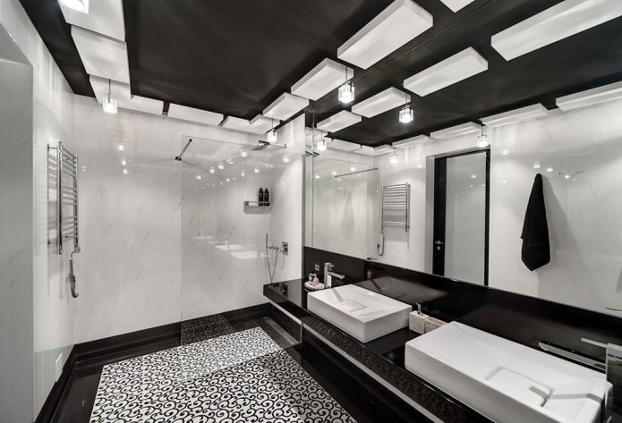 black ceiling in the interior of the bathroom