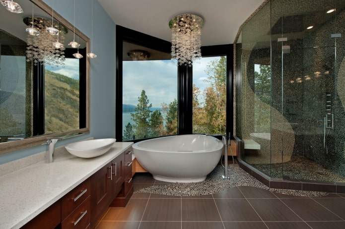 ceiling with a chandelier in the bathroom interior