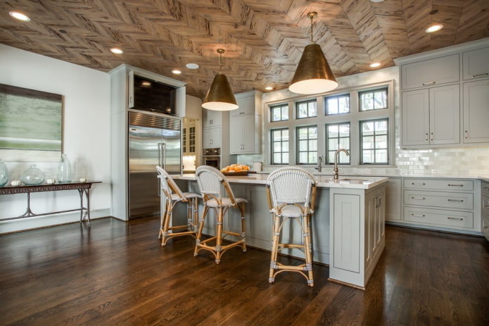 brown ceiling in the interior of the kitchen