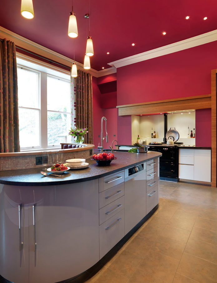 red ceiling in the interior of the kitchen