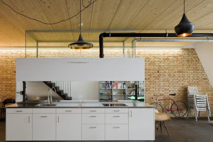 MDF panels on the ceiling in the interior of the kitchen