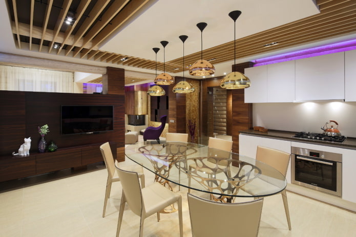 chandeliers on the ceiling in the interior of the kitchen