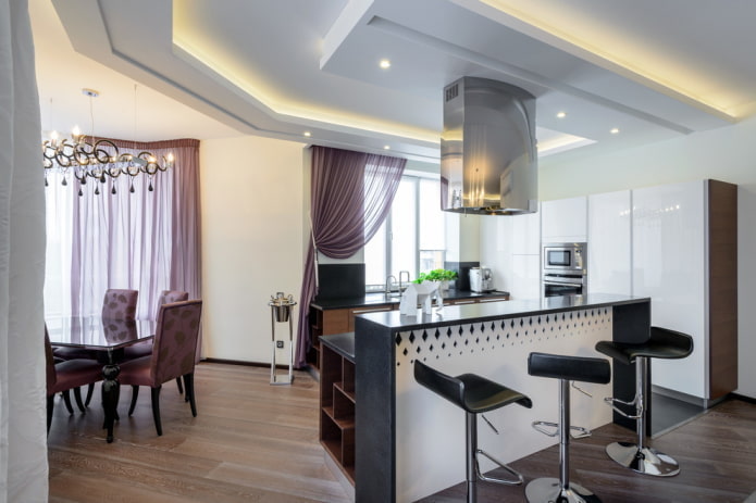 ceiling design in the interior of the kitchen with a bar