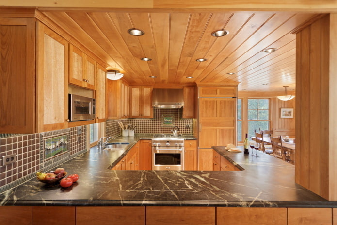 wood ceiling panels in the kitchen