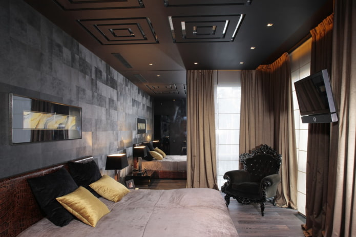 black ceiling in the bedroom interior