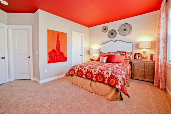 red ceiling in the interior of the bedroom