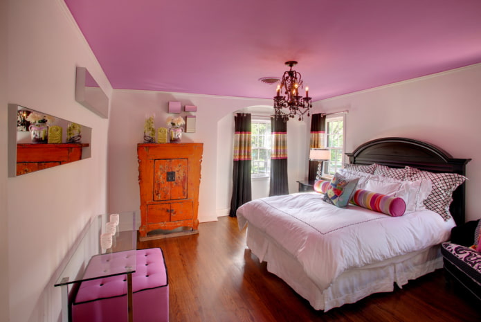 pink ceiling in the bedroom interior