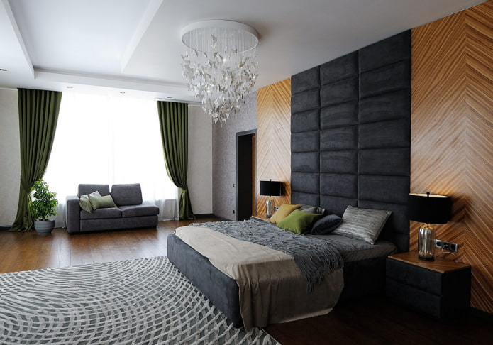 chandelier on the ceiling in the interior of the bedroom