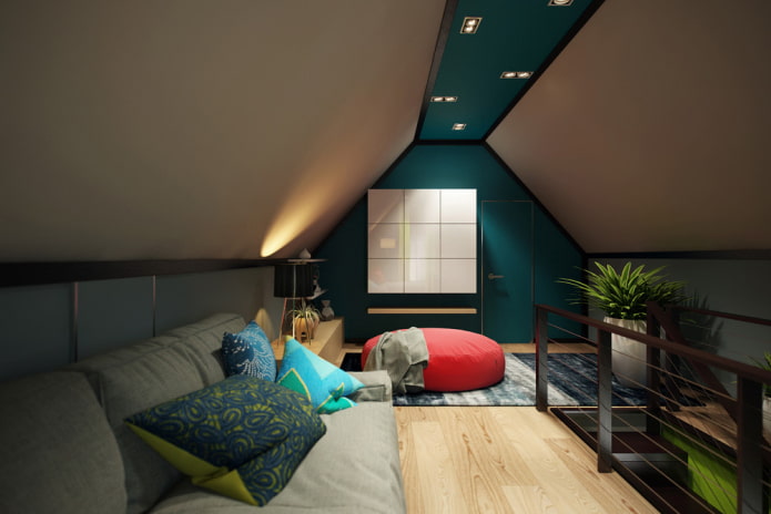 stretch ceiling structure in the attic with a gable roof