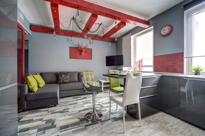 beams in the interior of the kitchen-living room beams in the interior of the kitchen-living room