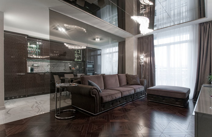 ceiling with mirror effect in the living room ceiling with mirror effect in the living room