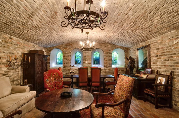brick ceiling in the interior of the living room