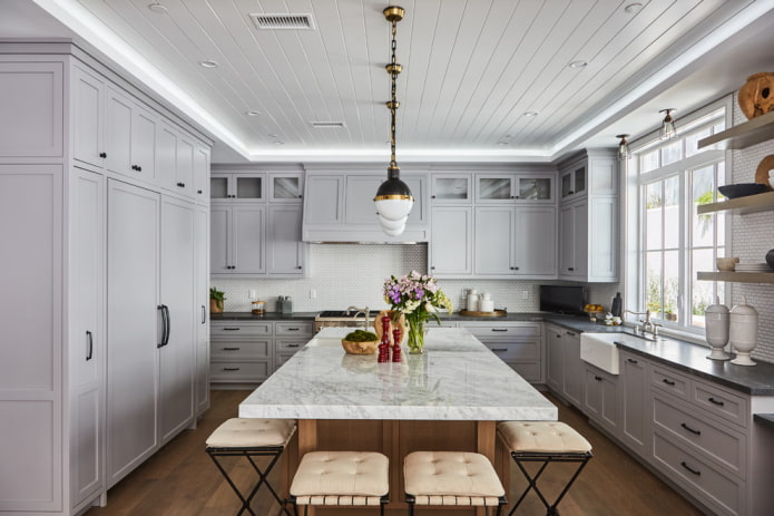 plastic panels on the ceiling in the kitchen