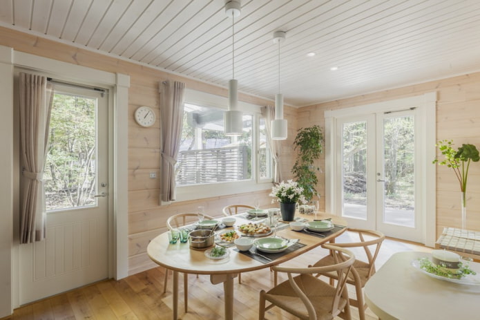 siding on the ceiling in the interior of the dining room