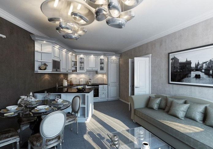 kitchen-living room with concrete plaster