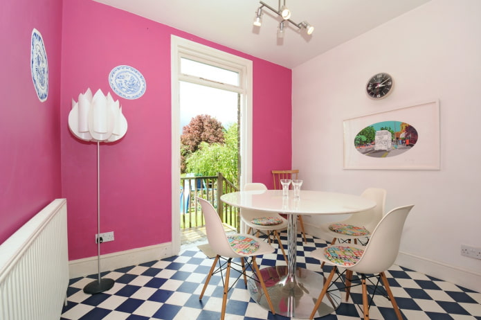 pink walls in the interior of the kitchen