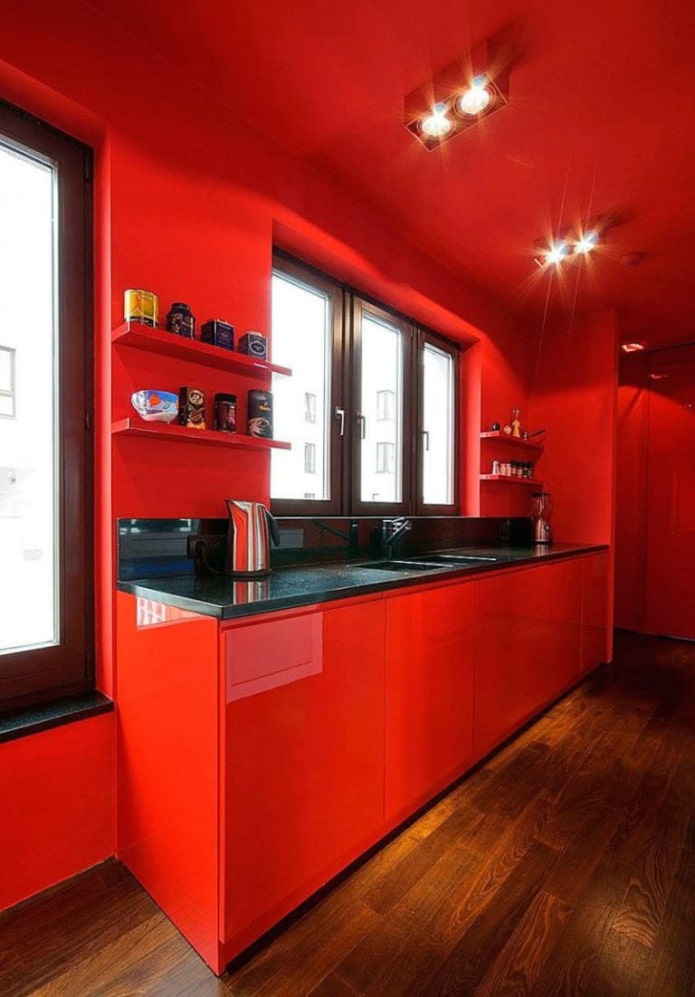 red walls in the interior of the kitchen