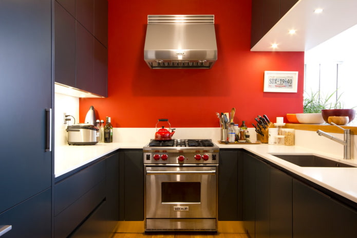 red walls in the interior of the kitchen