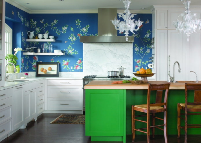 blue walls in the interior of the kitchen