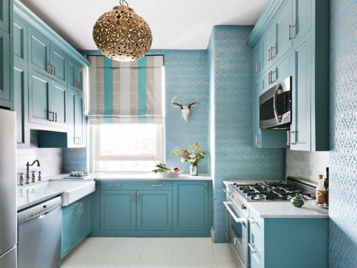 blue walls in the interior of the kitchen
