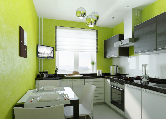 green walls in the interior of the kitchen