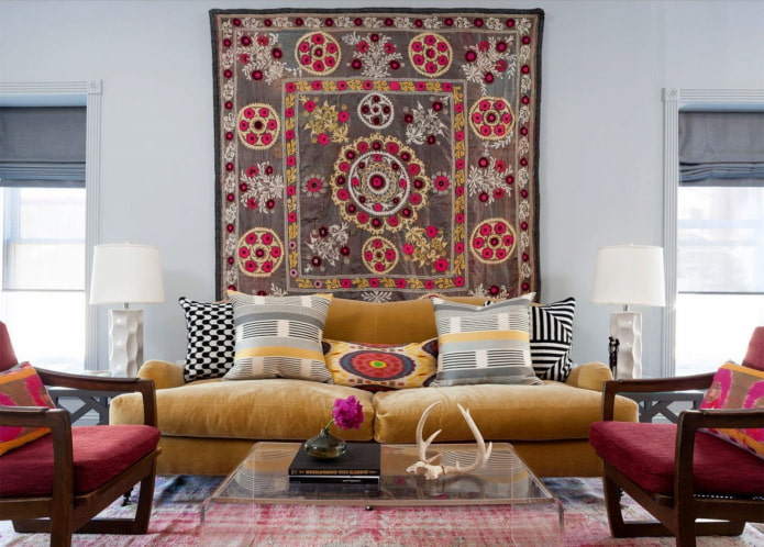 carpet on the wall in the interior of the living room