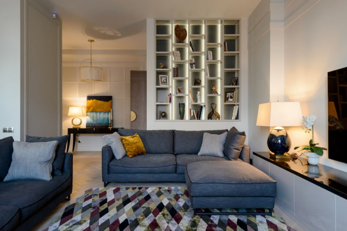 partition in the form of a rack in the interior of the living room partition in the form of a rack in the interior of the living room