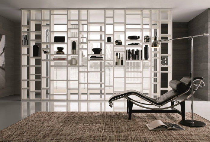 partition in the form of a rack in a high-tech interior partition in the form of a rack in a high-tech interior