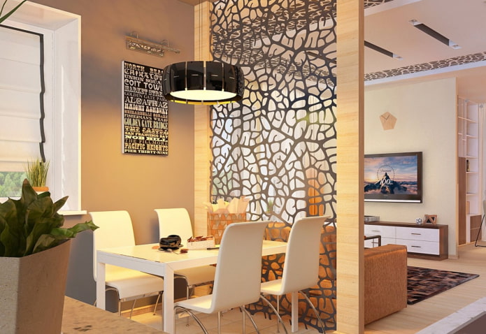 carved partition in the interior of the kitchen-living room carved partition in the interior of the kitchen-living room