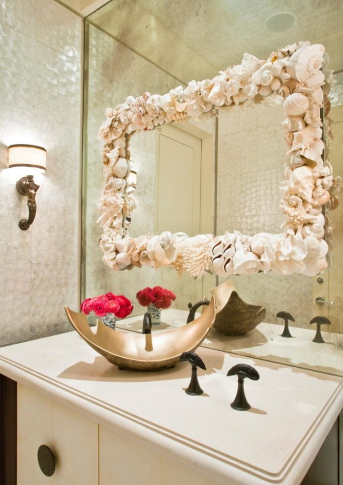 mirror with shells in the bathroom interior mirror with shells in the bathroom interior