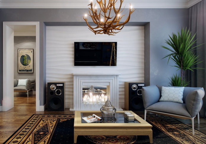 TV panel above the fireplace in a niche in the interior TV panel above the fireplace in a niche in the interior