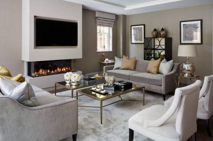 TV panel above the fireplace in a niche in the interior TV panel above the fireplace in a niche in the interior