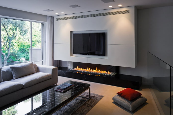 biofireplace and TV in the living room interior biofireplace and TV in the living room interior