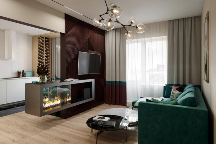 fireplace and TV in the interior of the living room in the apartment fireplace and TV in the interior of the living room in the apartment