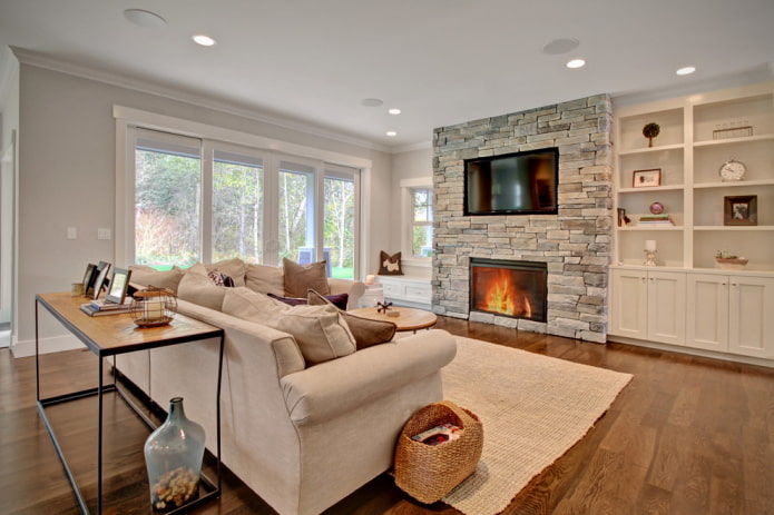 fireplace and TV in the interior of the living room in a country house fireplace and TV in the interior of the living room in a country house