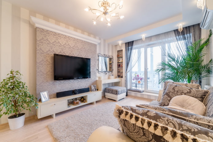 TV on the wall with wallpaper in the hall TV on the wall with wallpaper in the hall