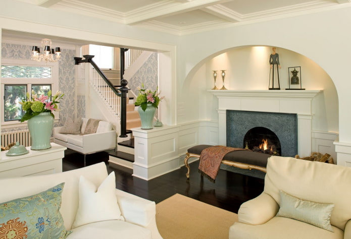 arch in the interior of the living room with a fireplace arch in the interior of the living room with a fireplace