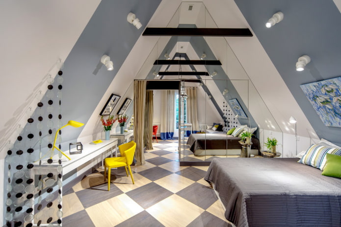 sloped walls in the interior of the bedroom