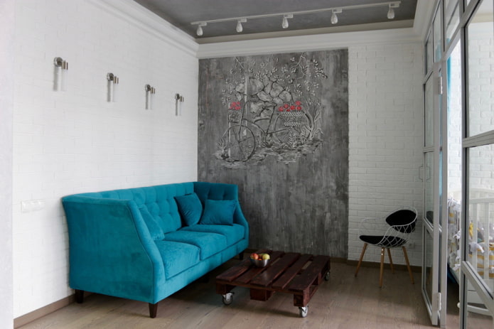 coffee table in a loft-style interior