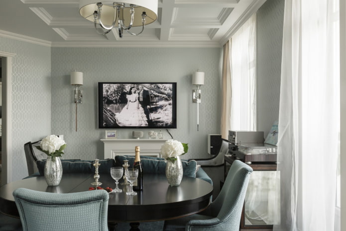 Black table in a neoclassical interior Black table in a neoclassical interior