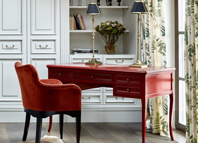 red writing table in the interior