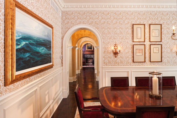 design of an apartment with an arch in a classic interior design of an apartment with an arch in a classic interior