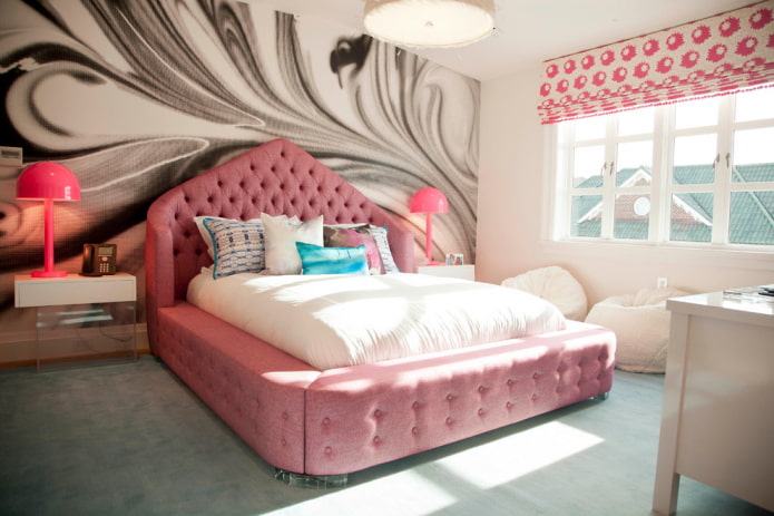bed with a pink headboard in the interior bed with a pink headboard in the interior