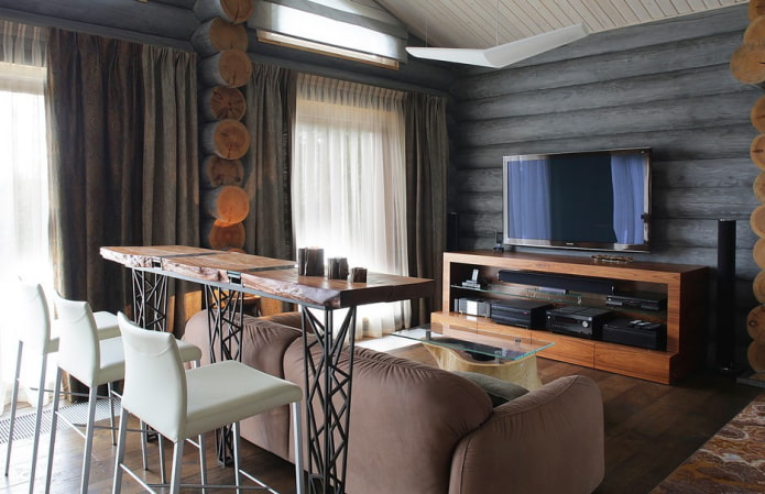 bar counter behind the sofa in the interior of the hall